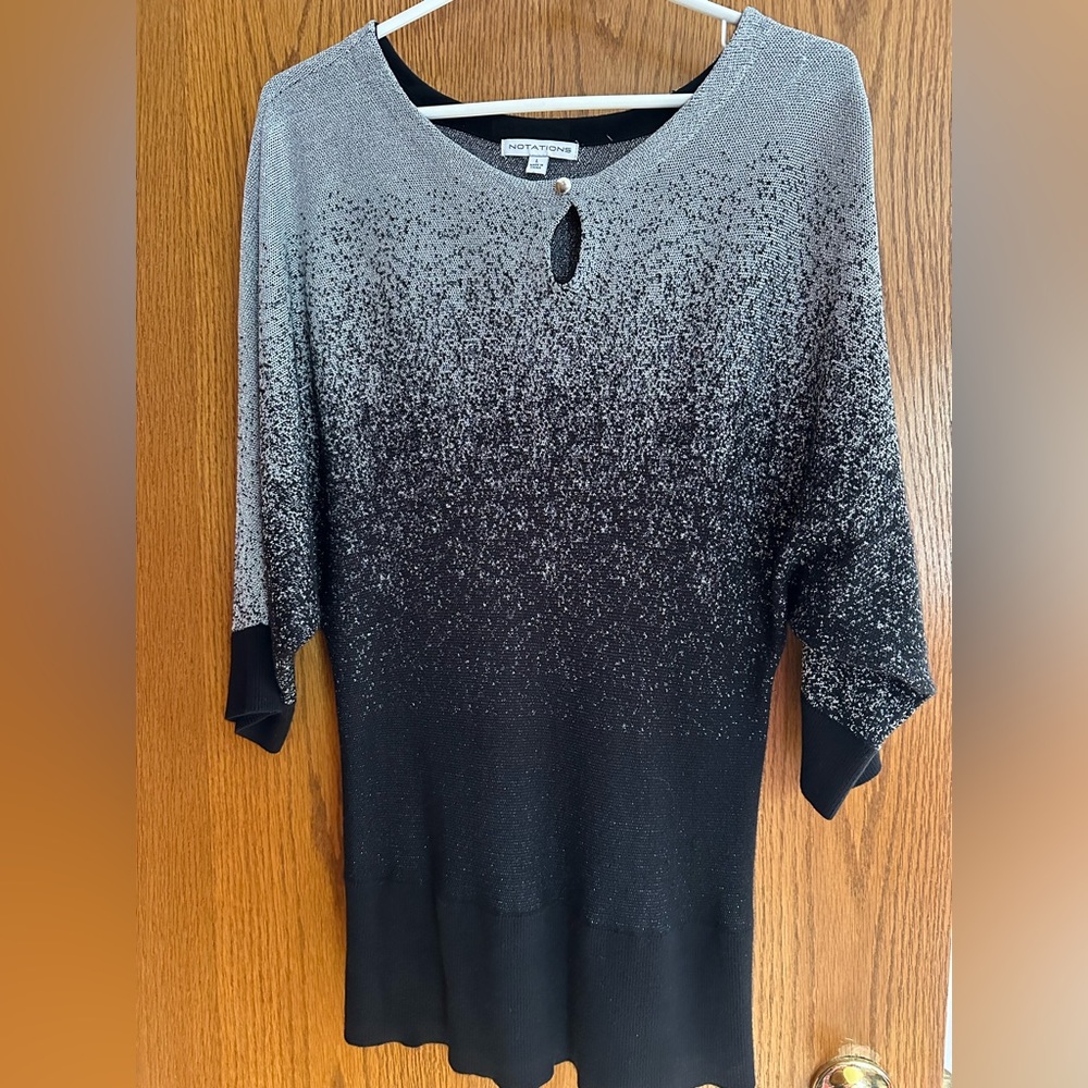 Ladies Size Large Black Metallic 3/4 length lightweight Sweater. Keyhole front.